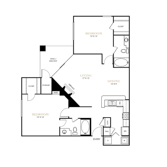 Two bedroom floor plan at The Lana apartments in Dallas, TX