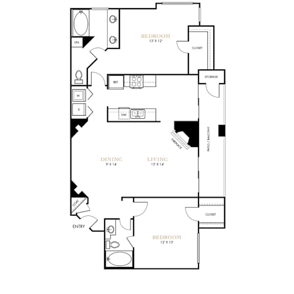 Two bedroom apartment floor plan at The Lana