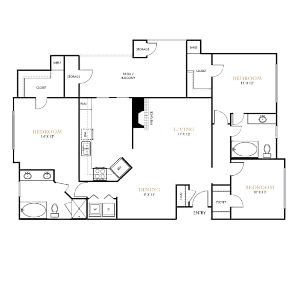 Three bedroom apartment layout at The Lana apartments in North Dallas