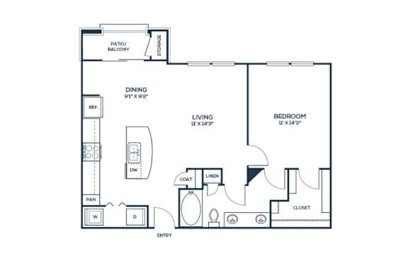One bedroom floor plan layout at The Carson at Twin Creeks, apartments in Allen, TX