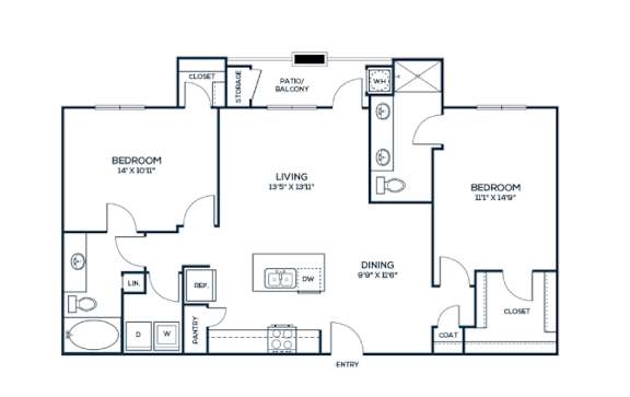 Two bedroom floor plan at The Carson at Twin Creeks