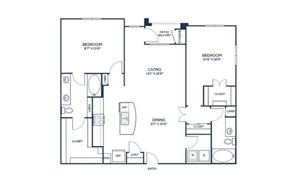 Two bedroom apartment layout at The Carson at Twin Creeks, Allen, TX apartments