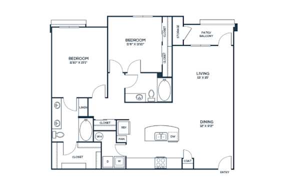 Two bedroom floor plan layout at The Carson at Twin Creeks, apartments in Allen, TX