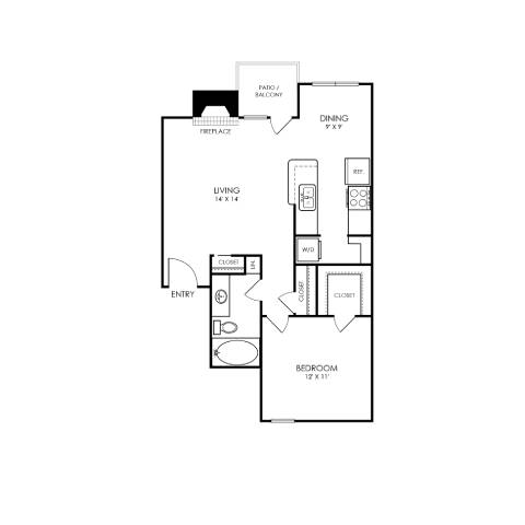 A floor plan of an apartment with a living area, a dining area, a kitchen, a bedroom, and an entry.