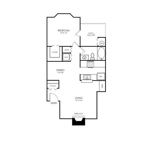 A black and white image of a floor plan for a living space.