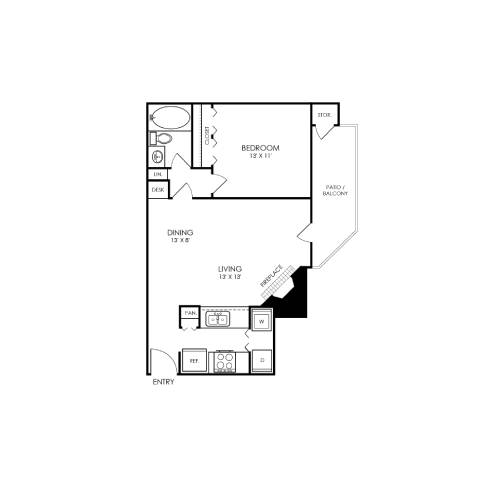 A floor plan of a small apartment with a bedroom, a living room, a dining room, and an entryway.