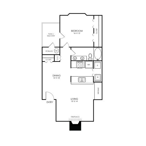 A black and white floor plan of an apartment with a bedroom, a dining area, a living room, a kitchen, a bathroom, a storage area, and an entry way.