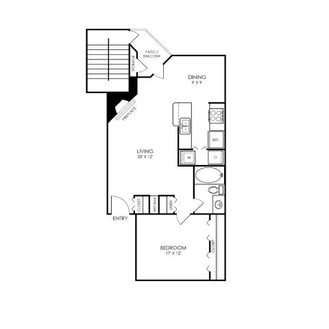A floor plan of a small apartment with a living room, bedroom, and dining area.