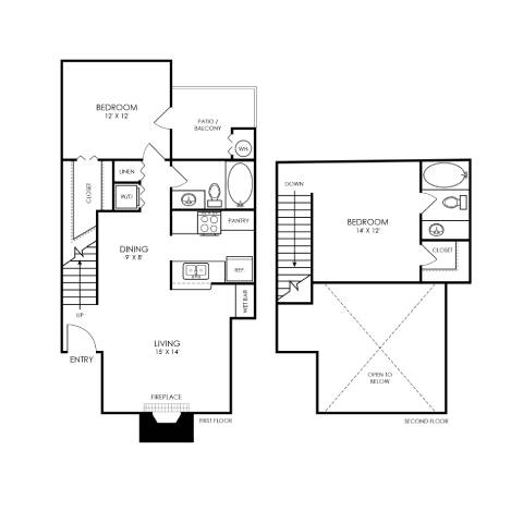 A black and white image of a two-story house floor plan.