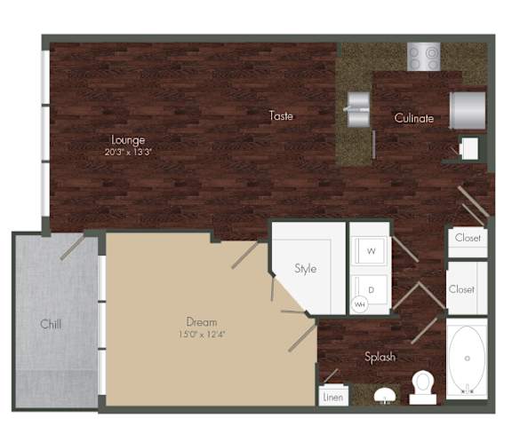 A floor plan of a house with a lounge, chill out area, and a splash room.