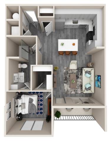 A modern kitchen with a grey floor and white walls.