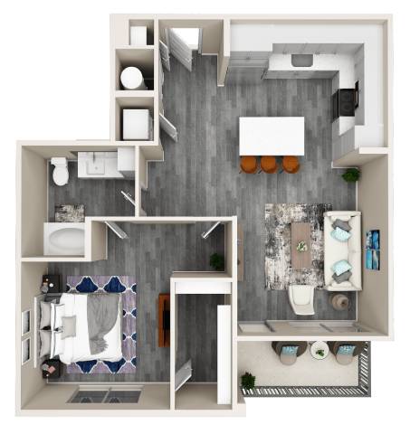 A top-down view of a small apartment with a kitchen, bathroom, and living room.