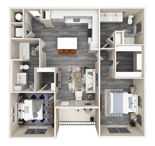 A top-down view of a small apartment with a kitchen, living room, and bathroom.