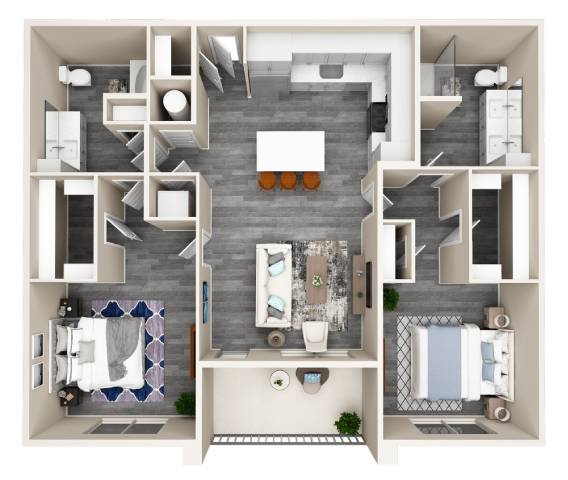 A 3D floor plan of a house with a kitchen, living room, and bathroom.