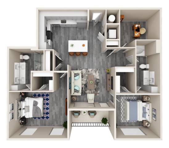 A 3D floor plan of a small apartment with a kitchen, living room, and bathroom.