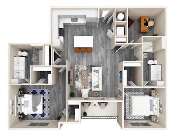 A top-down view of a modern, open-concept kitchen, living room, and dining area.