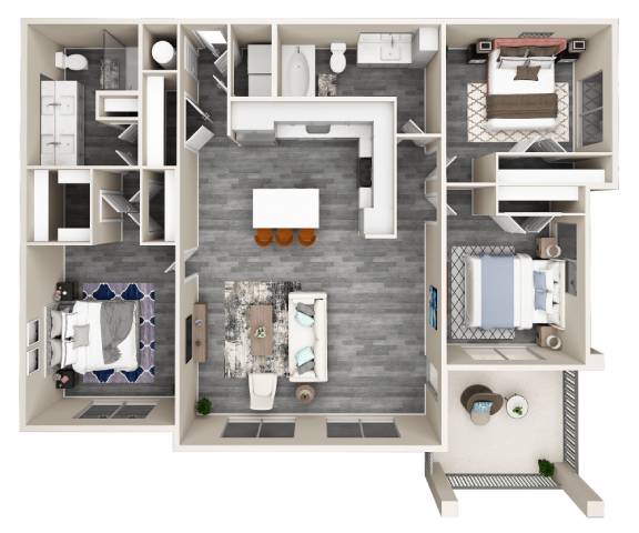 A 3D floor plan of a house showing a kitchen, living room, and bathroom.