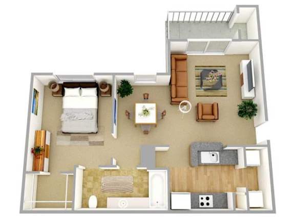 A top-down view of a modern apartment layout with a living room, kitchen, and bedroom.