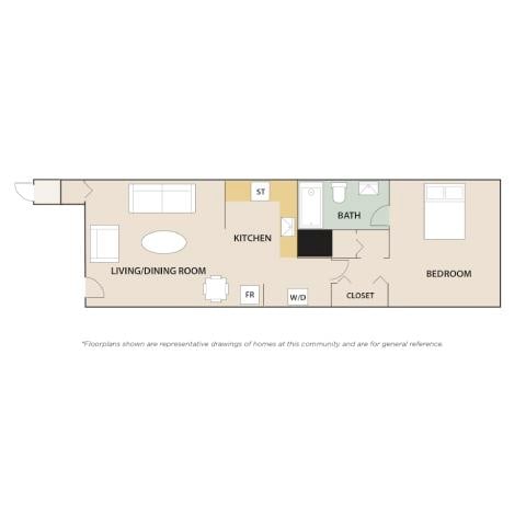 A floor plan of a house with a living/dining room, kitchen, bath, bedroom, and closet.