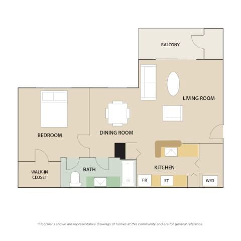 A floor plan of a home with a bedroom, bathroom, kitchen, living room, dining room, and balcony.