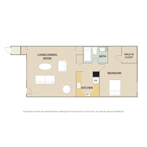 A floor plan of a house with a living room, dining room, kitchen, bedroom, bathroom, and walk-in closet.