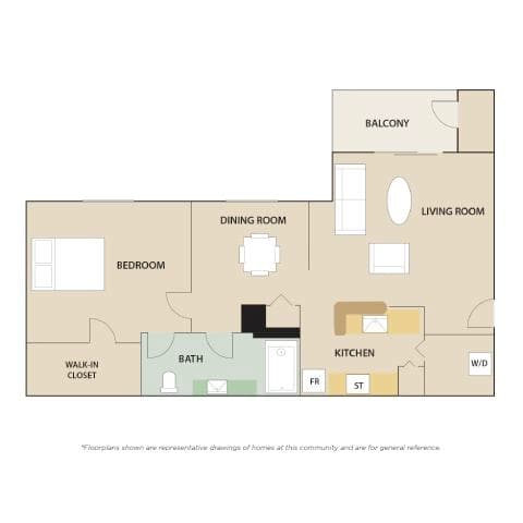 A floor plan of a house with a living room, dining room, kitchen, bedroom, bathroom, and walk-in closet.