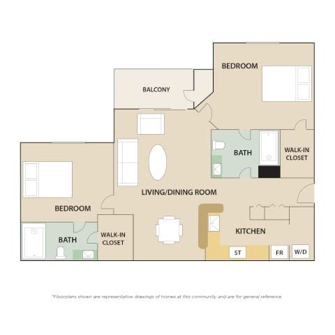 A floor plan of a home with two bedrooms, a living room, a kitchen, a bath, and a balcony.