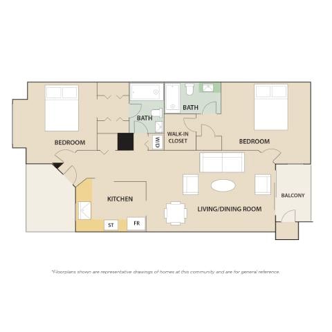 A floor plan of a home with a living room, dining room, kitchen, and three bedrooms.