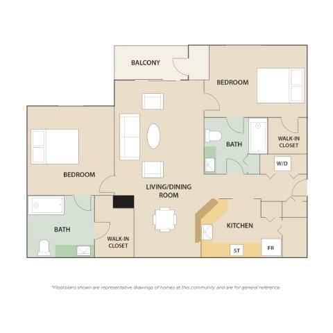 A floor plan of a home with a living room, dining room, kitchen, and two bedrooms.