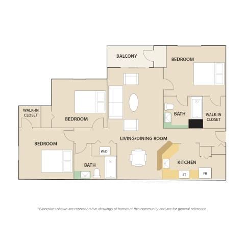 A floor plan of a house with labeled rooms such as Bedroom, Bath, Kitchen, Living/Dining Room, and Balcony.