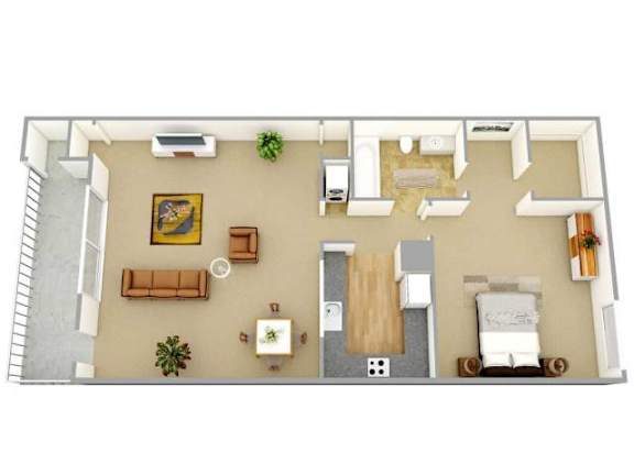 A top-down view of a living room with a couch, coffee table, and a painting on the wall.