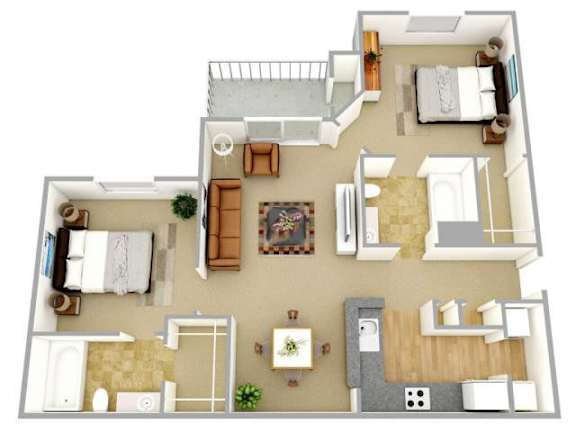 A top-down view of a house layout with a living room, kitchen, and two bedrooms.