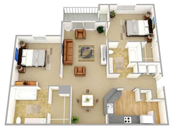 A top-down view of a house layout with a living room, kitchen, dining area, and bedrooms.