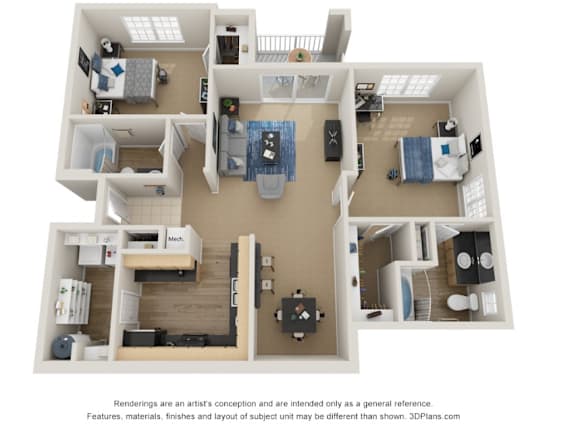 A 3D floor plan of a house with a kitchen, living room, and bedrooms.