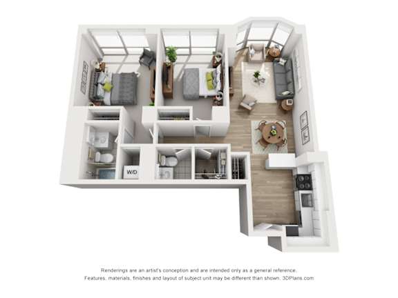 a stylized floor plan with a bedroom and living room