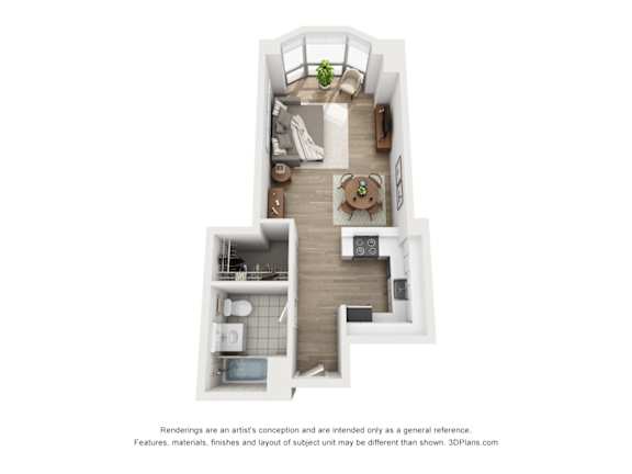 a stylized floor plan with a bedroom and a living room