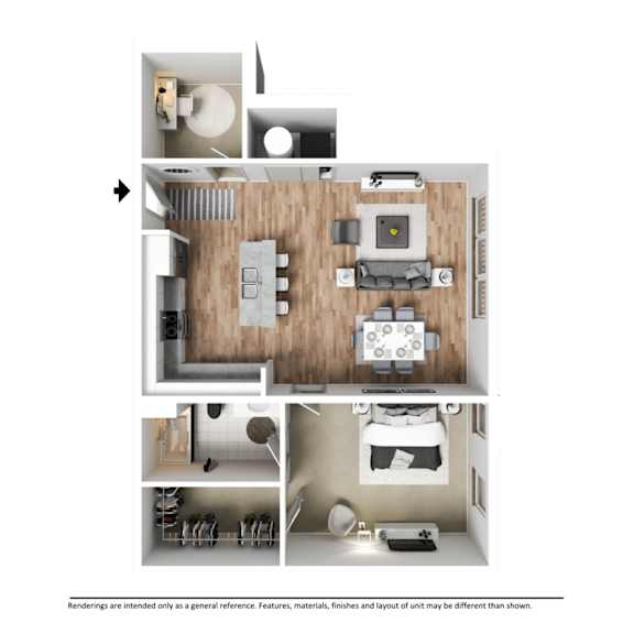 A floor plan of a small apartment with a kitchen, living room, and bedroom.
