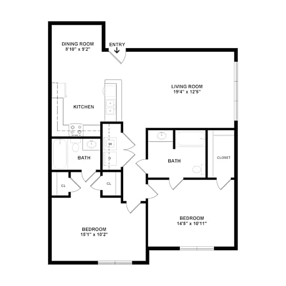 A black and white image of a floor plan for a house with a dining room, living room, kitchen, two bathrooms, two closets, and two bedrooms.