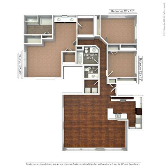 A floor plan of a house with two bedrooms and a bathroom.