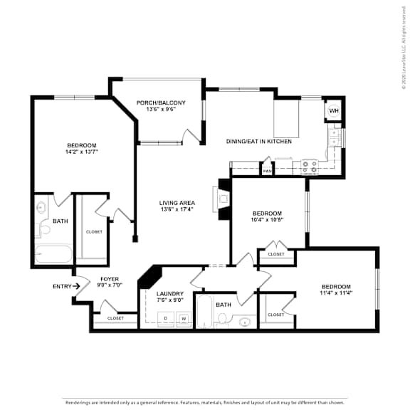 A black and white image of a floor plan for a home with a living area, two bedrooms, a bathroom, a foyer, a laundry room, and a dining/eat in kitchen.