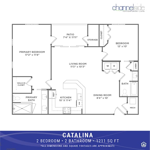 A floor plan for a 2 bedroom, 2 bathroom apartment is shown.