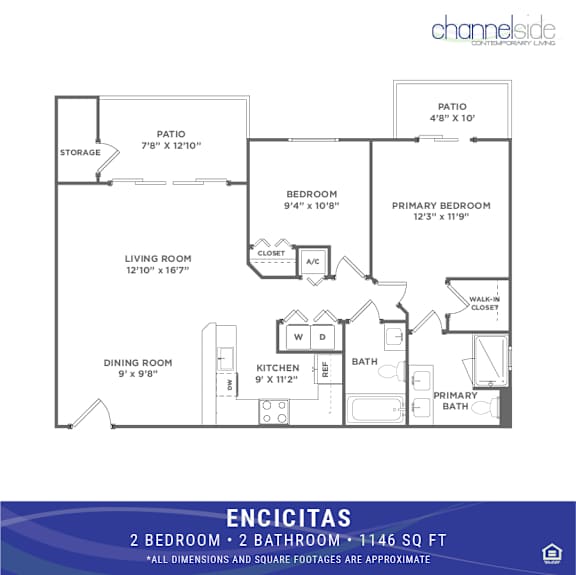 A floor plan for a 2 bedroom, 2 bathroom apartment is shown.