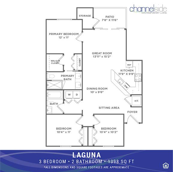 A floor plan for a Laguna home with 3 bedrooms and 2 bathrooms.