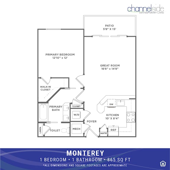 A floor plan for a 1 bedroom, 1 bathroom apartment sized at 865 square feet.
