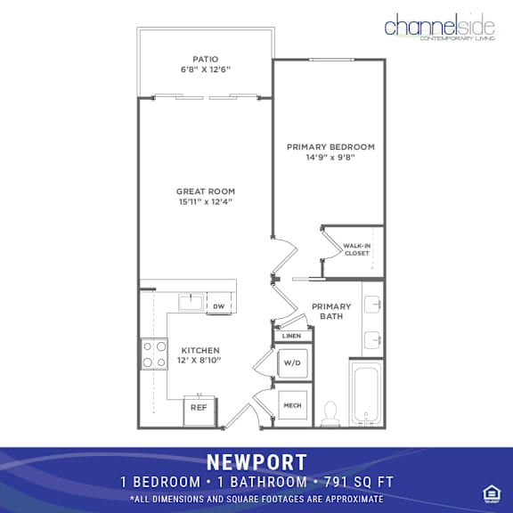 A floor plan for a 1 bedroom, 1 bathroom apartment sized at 791 square feet.