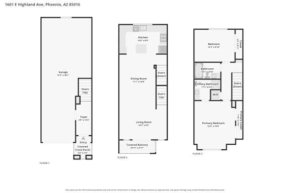 A floor plan for a home at 1601 E Highland Ave, Phoenix, AZ 85016 is displayed.