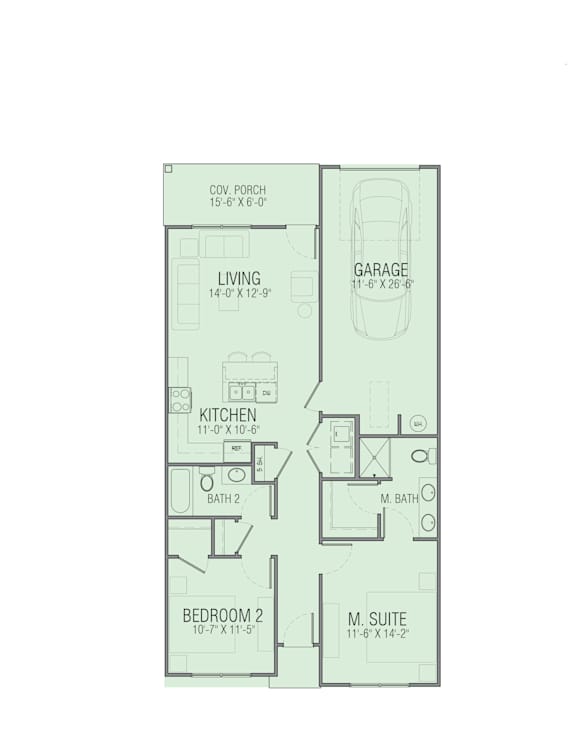 A floor plan of a house with a living room, kitchen, two bathrooms, a garage, and two bedrooms.