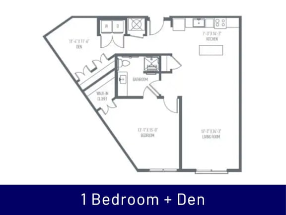 A floor plan of a 1 bedroom + den apartment.