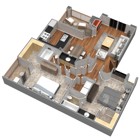 A 3D rendered image of a house layout.