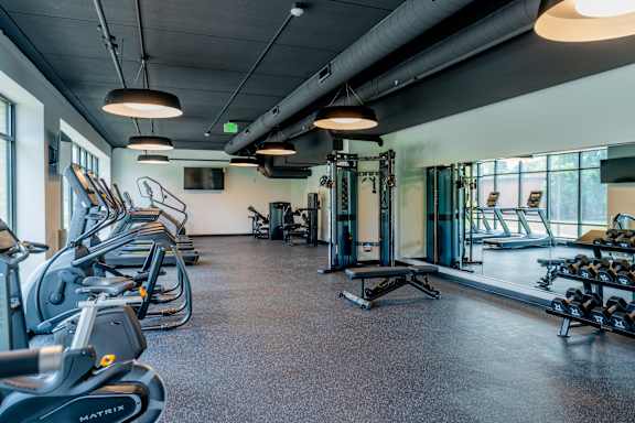 A gym with treadmills, exercise bikes, and weights.
